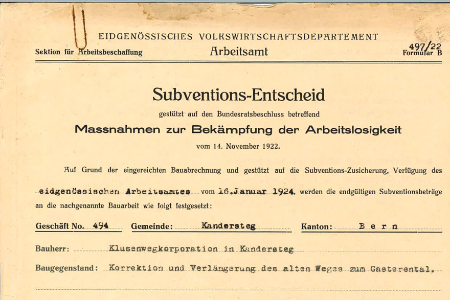 Chlusenstrasse 1924 Subventions-Entscheid